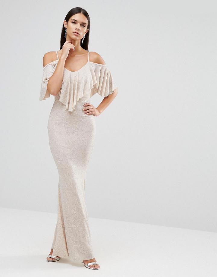 City Goddess Maxi Dress With Frill Overlay - Beige