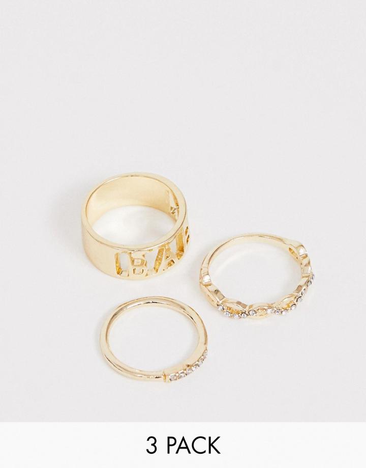 Reclaimed Vintage Inspired Multi Ring Pack With Baby Slogan And Crystal Detail - Gold