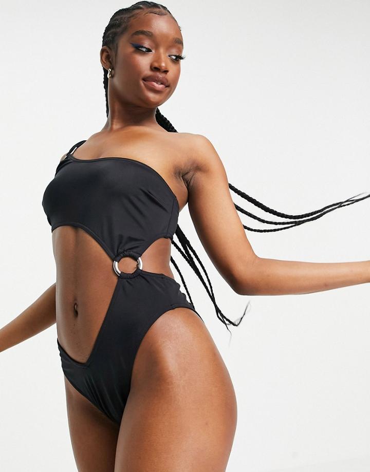 Asos Design Asymmetric Cut Out Ring Swimsuit In Black