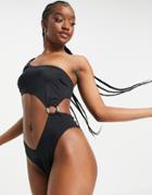Asos Design Asymmetric Cut Out Ring Swimsuit In Black