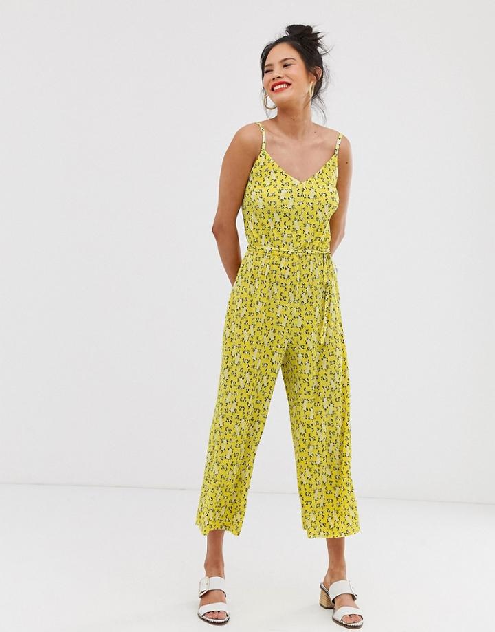 Miss Selfridge Plisse Cami Jumpsuit In Ditsy Print - Yellow