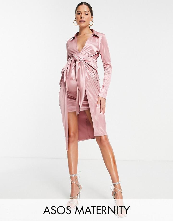 Asos Design Maternity Long Sleeve Wrap Collar Midi Dress In Dusky Pink-multi