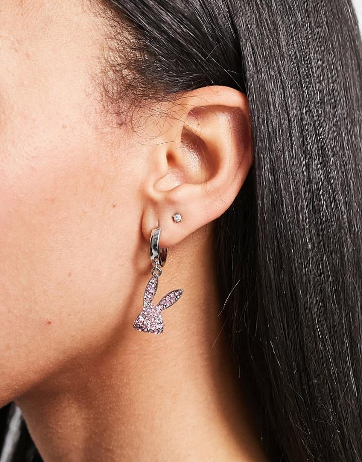 Asos Design Hoop Earrings With Bunny Charm In Silver Tone