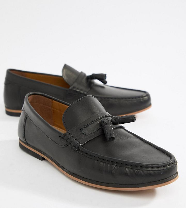 Asos Design Wide Fit Loafers In Black Leather With Tassel - Black