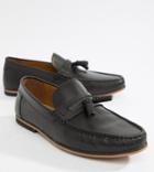 Asos Design Wide Fit Loafers In Black Leather With Tassel - Black