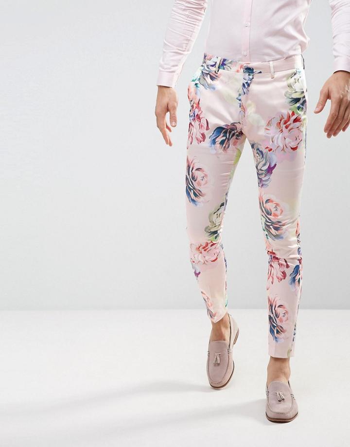 Asos Wedding Super Skinny Suit Pants With Nude Floral Print - Pink