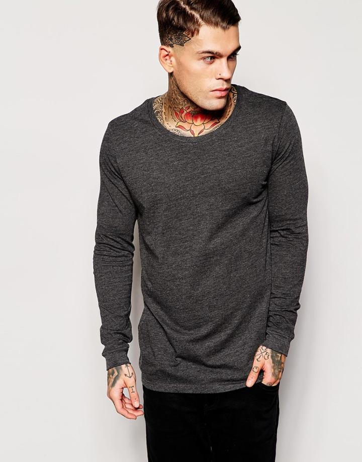 Asos Longline Long Sleeve T-shirt With Scoop Neck - Charcoal Marl