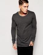 Asos Longline Long Sleeve T-shirt With Scoop Neck - Charcoal Marl
