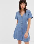 Asos Design Denim Tea Dress With Mock Horn Buttons In Midwash Blue