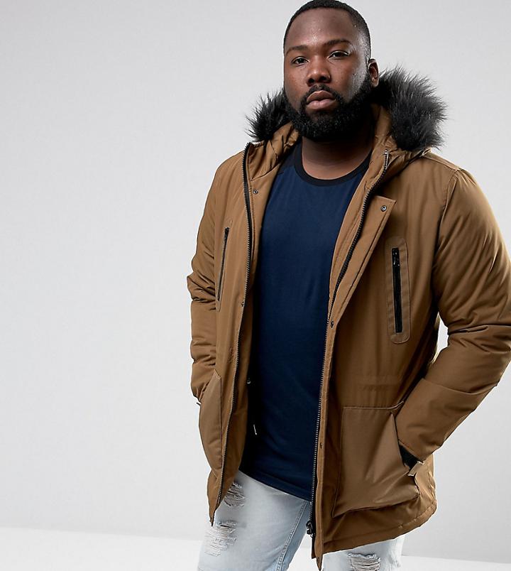 Asos Plus Parka Jacket With Faux Fur Trim In Tobacco-brown