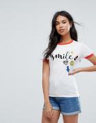 Brave Soul Maddie T Shirt With Smile Print And Badges - Cream