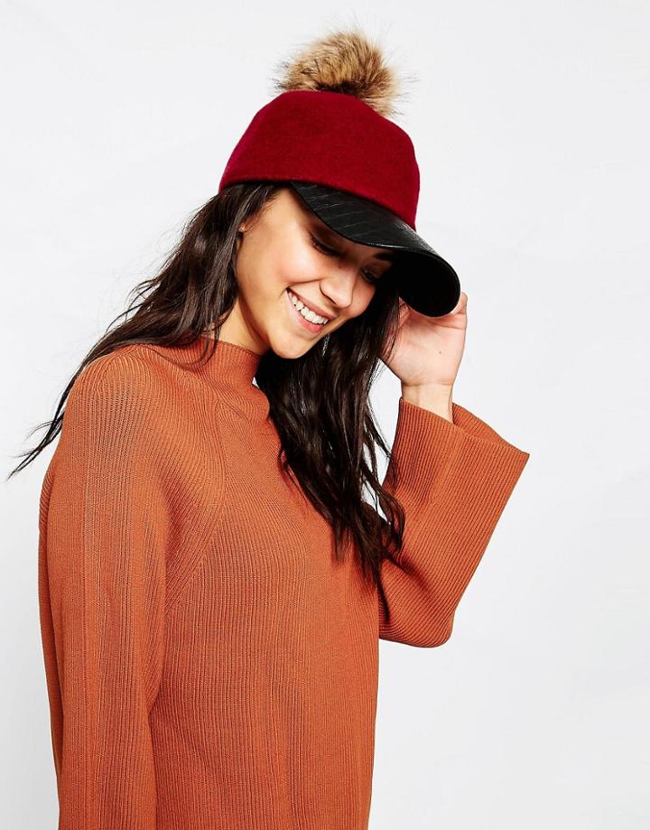 7x Wool Mix Baseball Cap With Removeable Faux Fur Pom Pom - Red