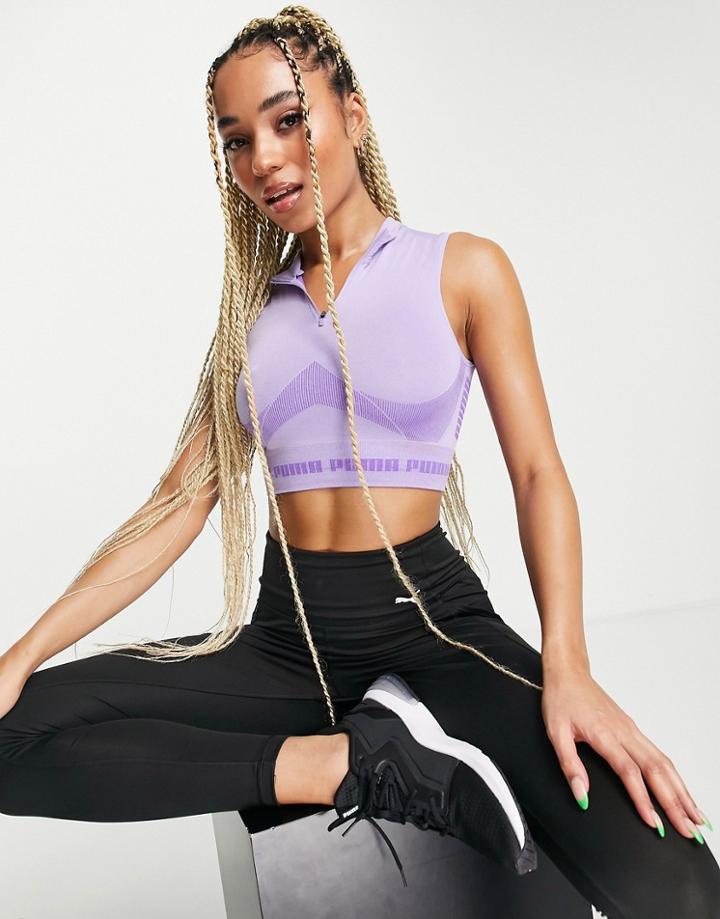 Puma Training Evoknit Seamless Contour 1/4 Zip Crop Tank In Purple