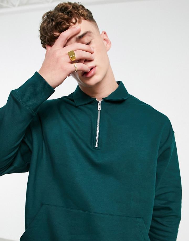 Asos Design Organic Oversized Sweatshirt With Zip Neck In Green - Part Of A Set