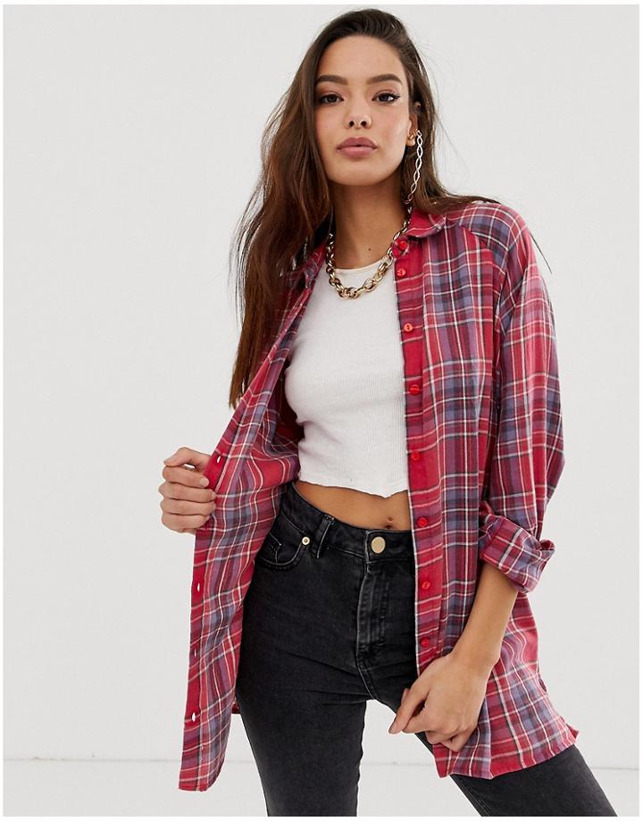 Asos Design Long Sleeve Plaid Check Boyfriend Shirt-multi
