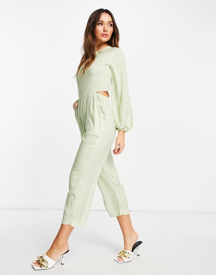 Closet London Gathered Cut-out Jumpsuit With Pockets In Sage Gingham-green