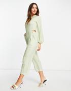 Closet London Gathered Cut-out Jumpsuit With Pockets In Sage Gingham-green