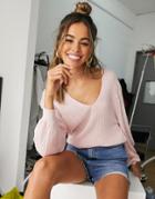 Asos Design V Neck Sweater With Volume Sleeve In Pastel Pink