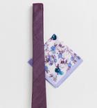Asos Design Wedding Slim Textured Lilac Tie & Floral Pocket Square