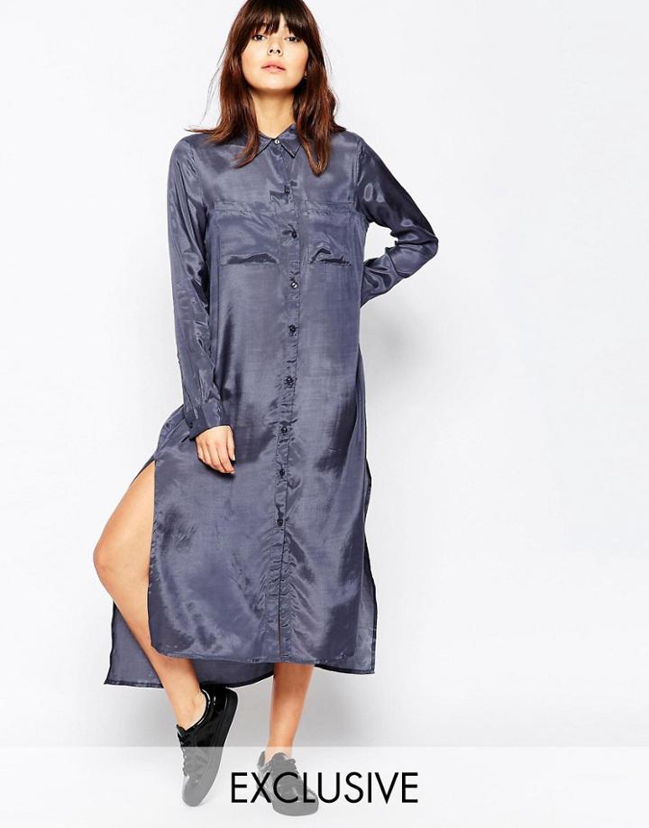 Native Youth Satin Touch Maxi Shirt Dress - Slate Gray