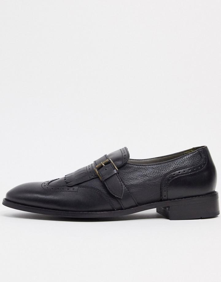 Bolongaro Trevor Fringed Brogue Leather Monkstrap Shoes-black