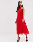 Asos Design Midi Dress With High Neck And Drape Waist Detail