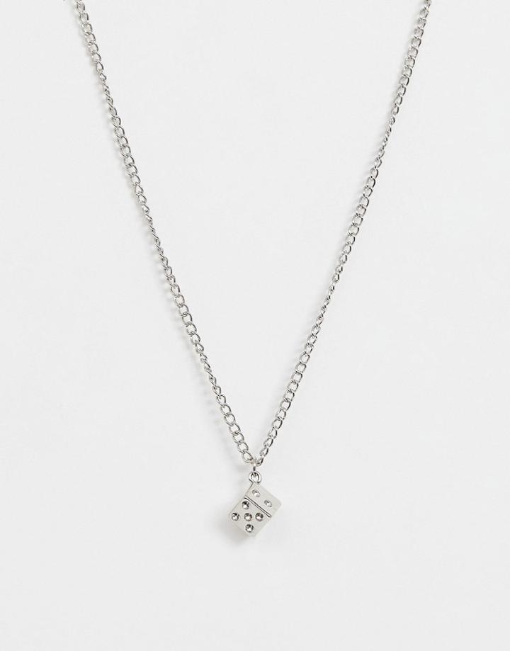 Asos Design Necklace With Dice Pendant In Silver Tone - Silver