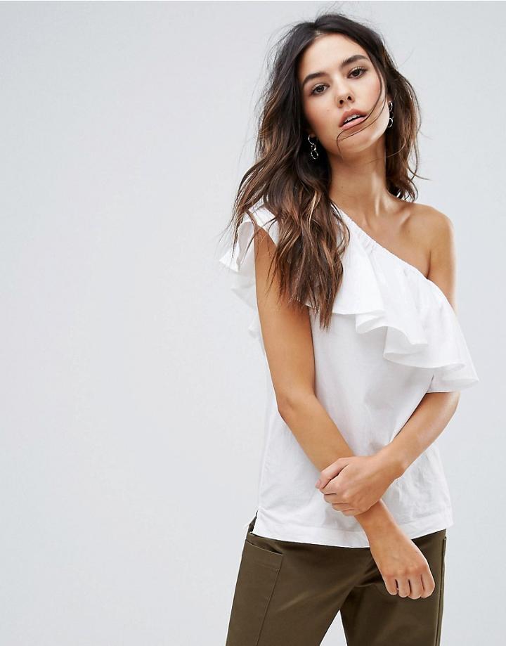 Warehouse Cotton Ruffle One Shoulder Top - White