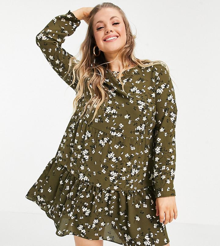 Asos Design Curve Long Sleeve Tiered Smock Mini Dress In Khaki Floral-multi