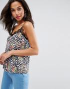 Asos Cami With Lace Trim In Floral Animal Print - Multi