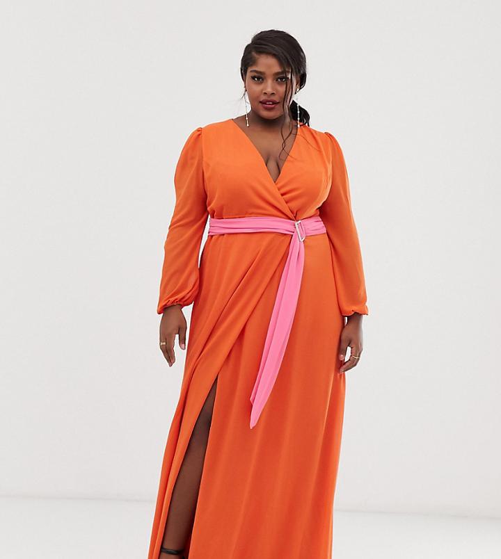 Tfnc Plus Wrap Maxi Dress With Contrast Waistband In Orange