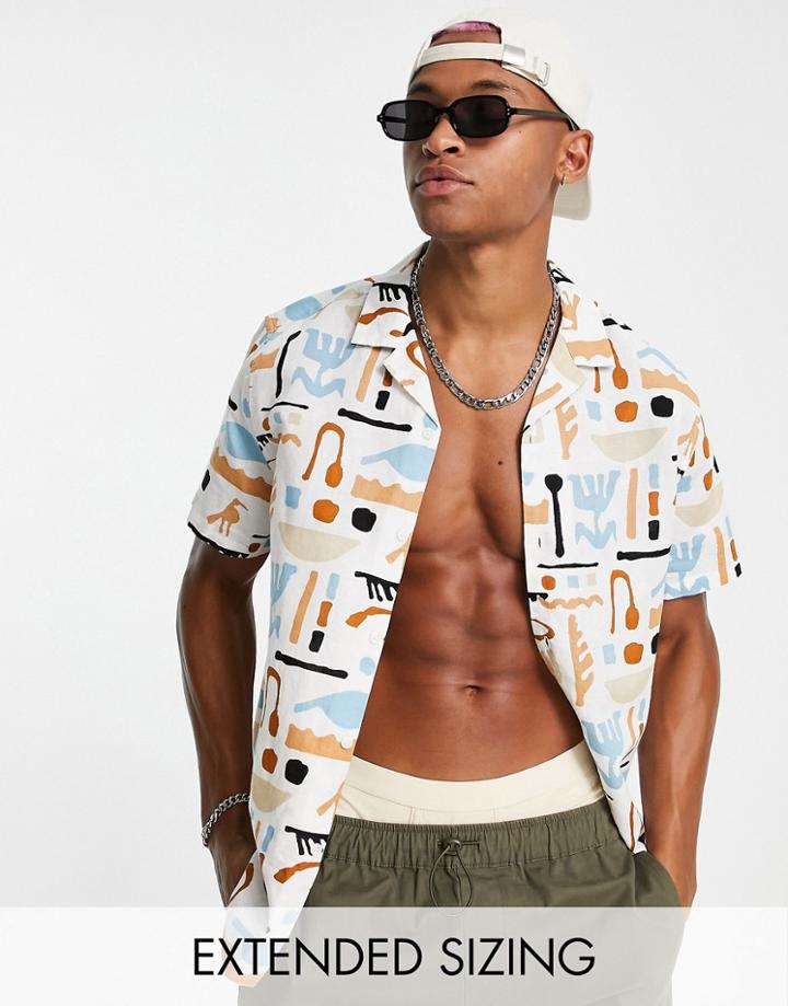 Asos Design Relaxed Revere Linen Shirt In Abstract Print-white