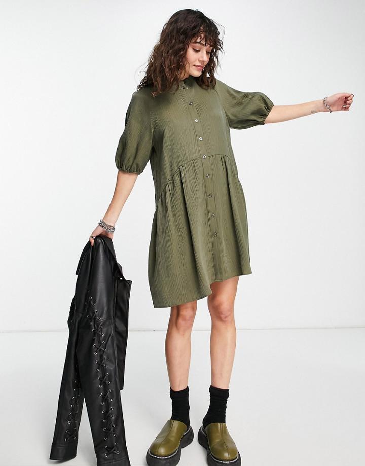 Topshop Textured Chuck On Mini Shirt Dress In Khaki-green