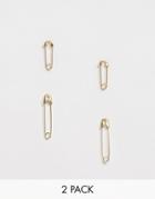Asos Design Pack Of 2 Earrings In Safety Pin Design In Gold Tone - Gold
