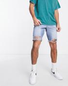 Asos Design Slim Denim Shorts In Mid Wash Blue With Raw Hem