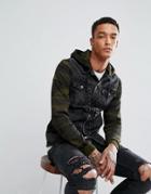 Pull & Bear Denim Jacket With Jersey Sleeves In Camo - Black