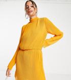 Asos Design Tall High Neck Chiffon Plisse Mini Dress In Mustard-yellow