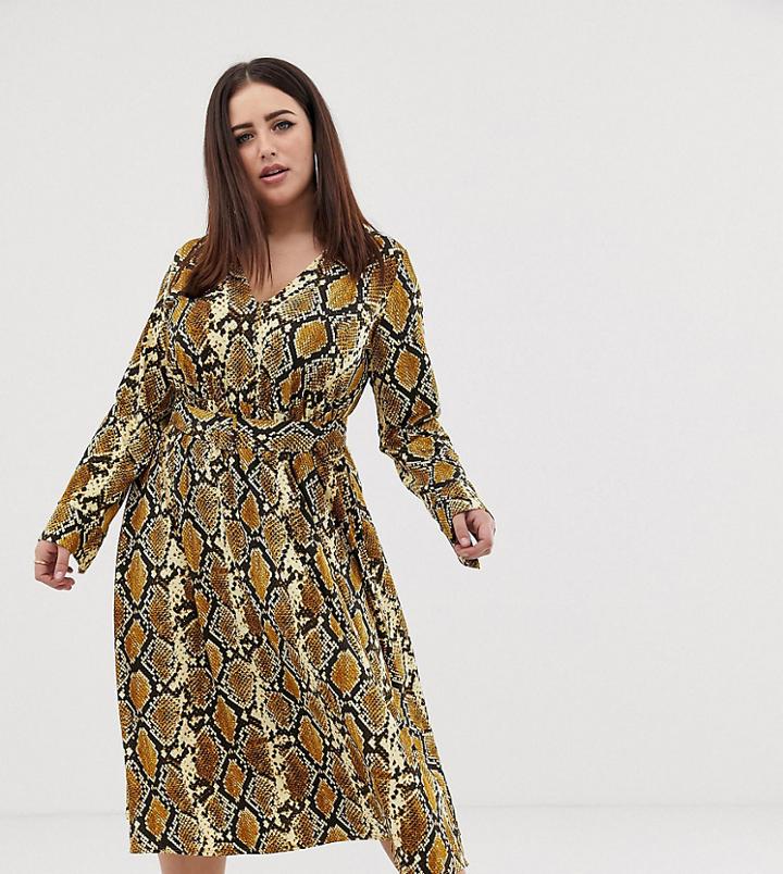 Asos Design Curve Midi Skater Shirt Dress With Belt In Snake Print - Multi