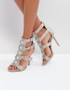 Forever Unique Cut Out Heeled Sandal With Gold Buckles - Silver