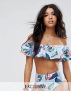 Missguided Tropical Print Frill Bardot Bikini Top - Blue