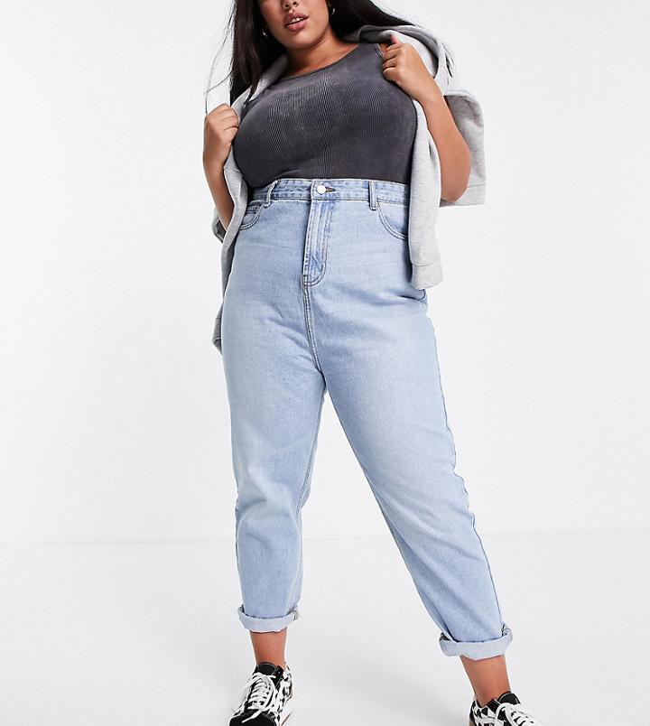 Don't Think Twice Plus Emma Super High Waisted Mom Jeans In Light Blue Wash-blues