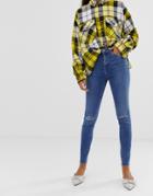 New Look Ripped Cut Off Skinny Jeans In Blue - Blue
