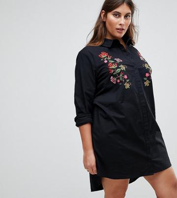 Influence Plus Shirt Dress With Embroidery - Black