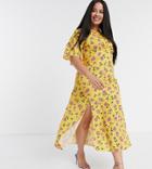 John Zack Plus Fluted Sleeve Midi Dress In Yellow Floral Print