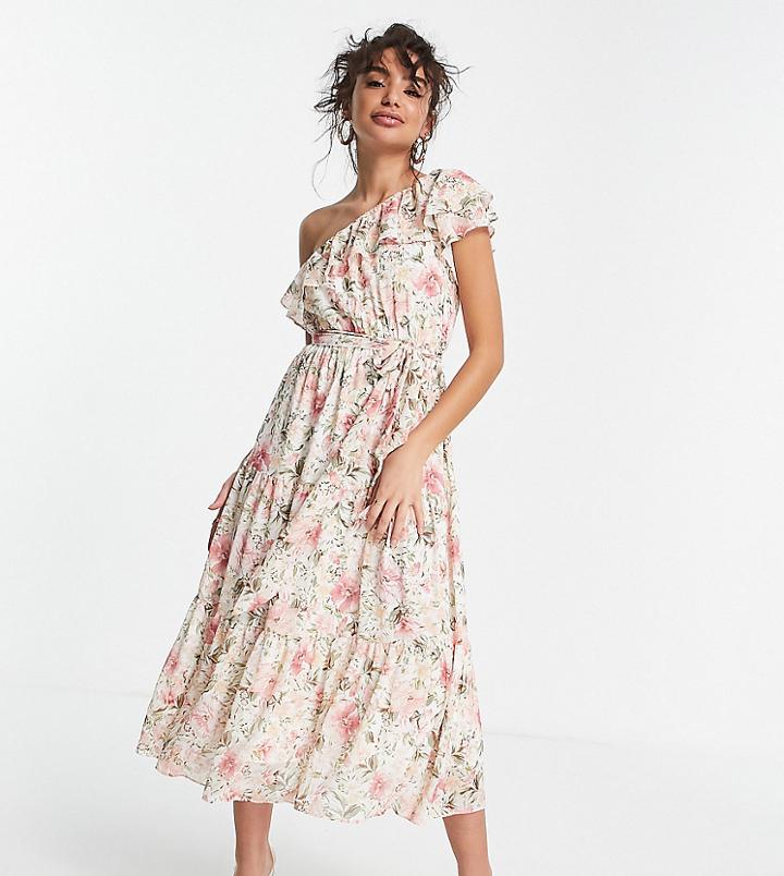 Ever New Petite One Shoulder Ruffle Tie Waist Midi Dress In Blush Floral-pink