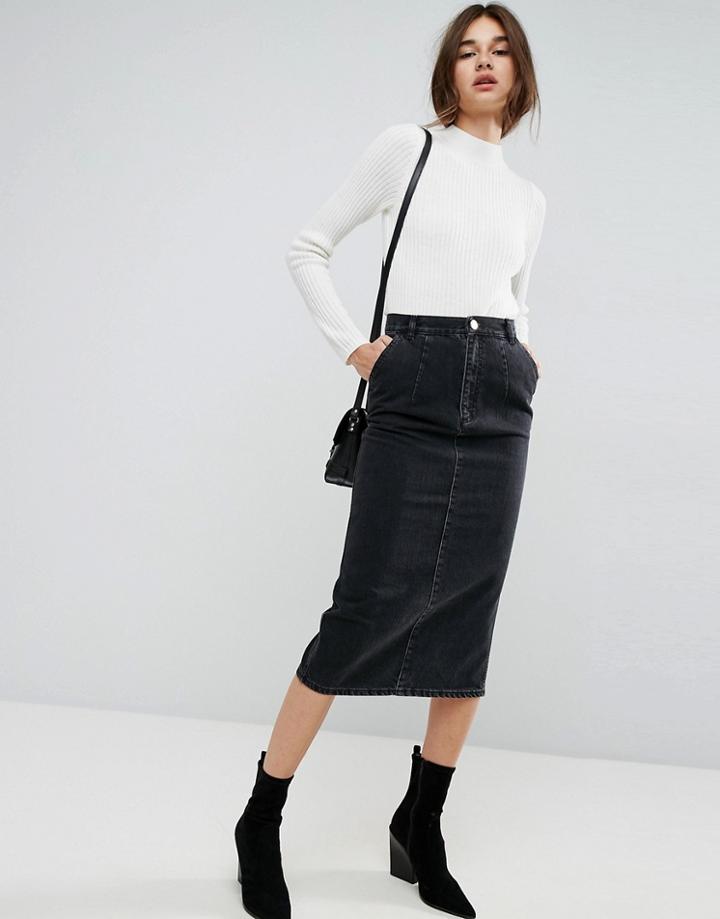 Asos Denim Midi Skirt In Washed Black - Black