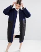 Asos White Wool Parka With Quilted Panel - Navy