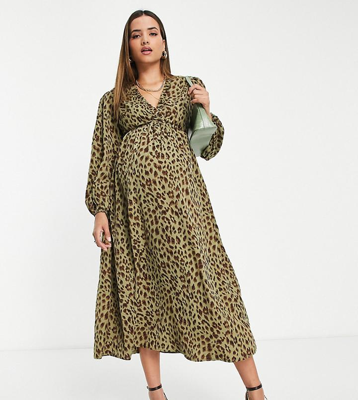 Missguided Maternity Smock Midaxi Dress In Olive Leopard Print-multi