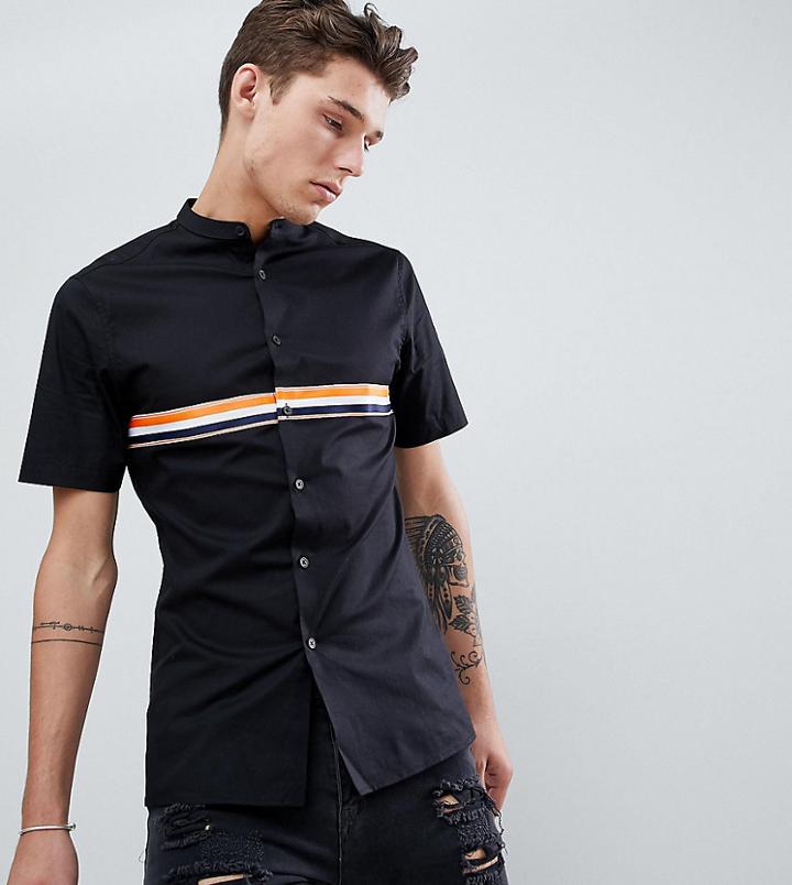 Asos Design Tall Skinny Granddad Collar Shirt With Taping In Black - Black