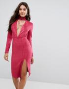Ginger Fizz Plunge Front Midi Bodycon Dress With Tie Choker Detail - Pink